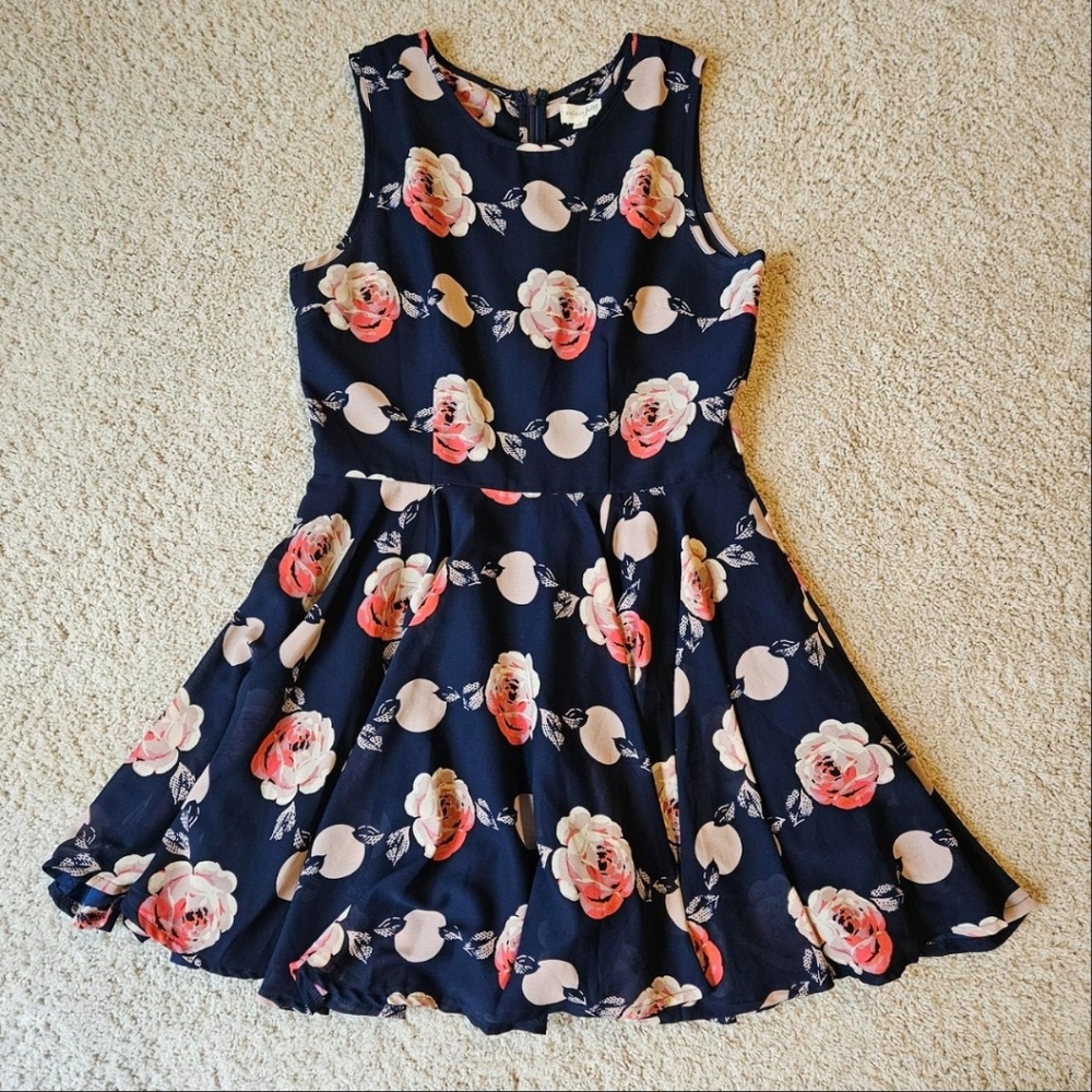 Maison Jules Black Dress with Red and Pink Floral Design